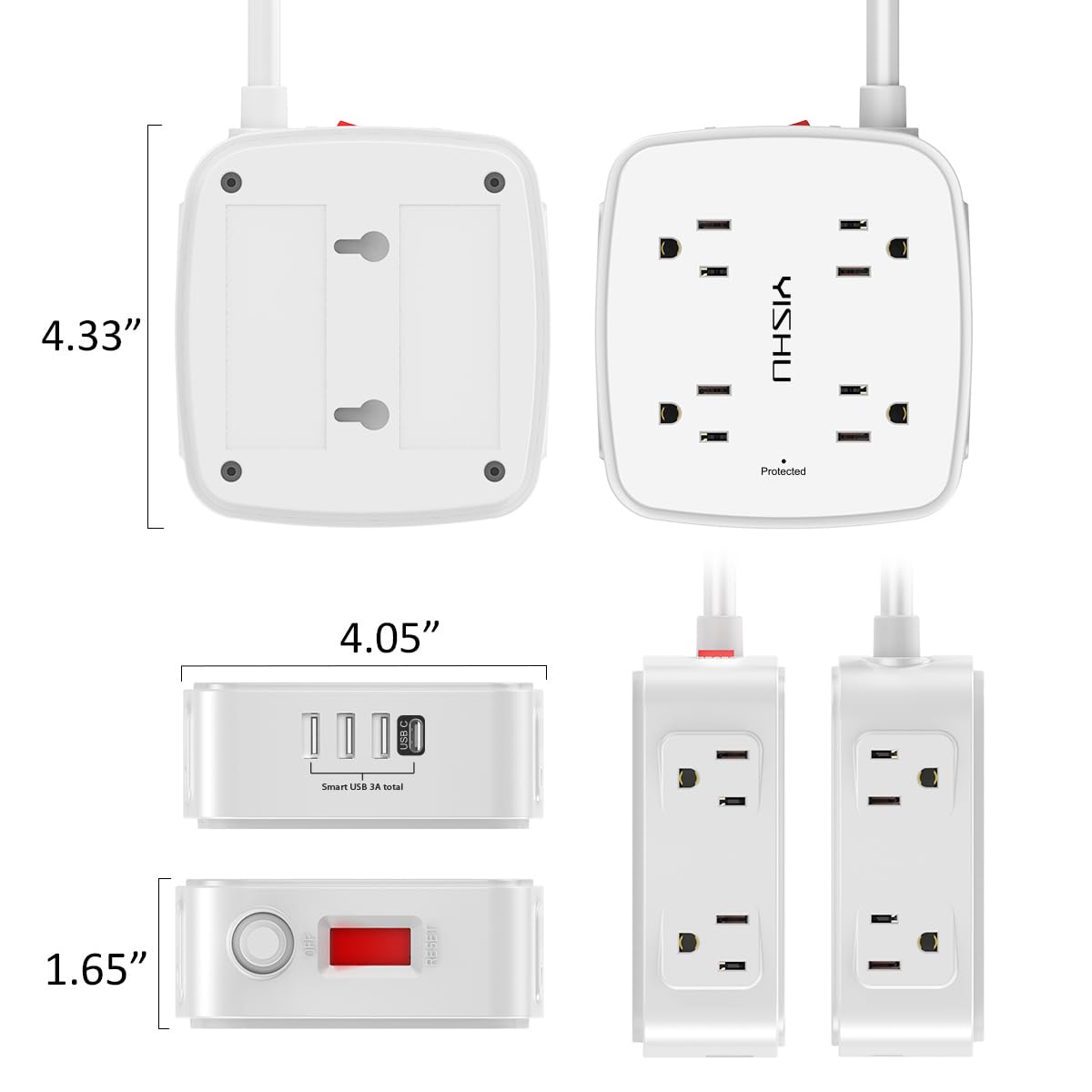 YISHU 6Ft Surge Protector Power Strip with 8 Widely Outlets & 4 USB Ports