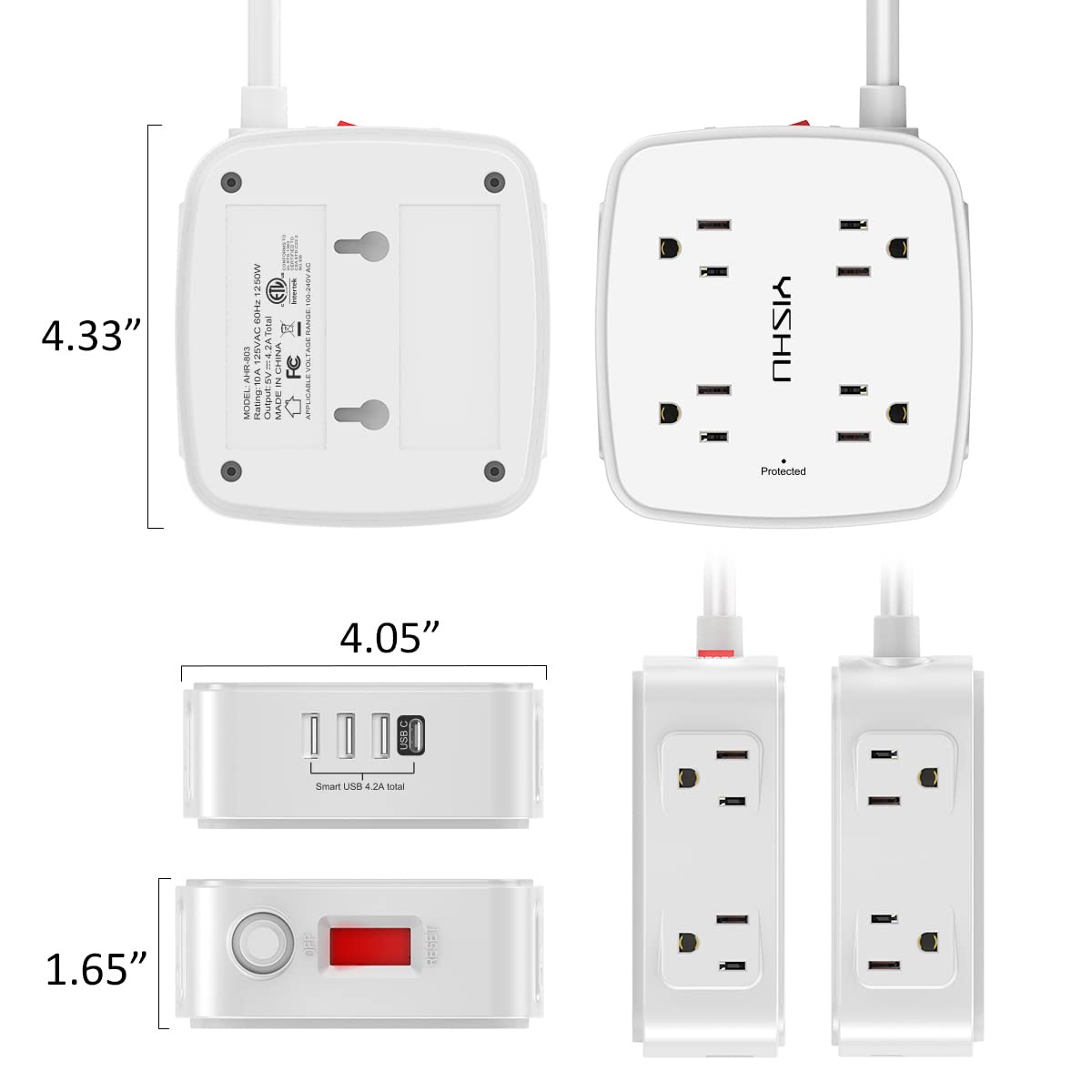 YISHU 6Ft Surge Protector Power Strip with 8 Widely Outlets & 4 USB Ports
