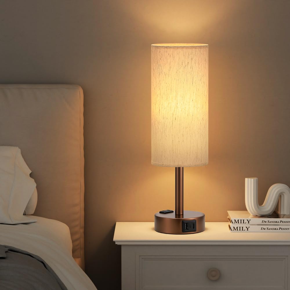 Bedside Table Lamp - Dimmable Touch, Wood-Grain Metal Base