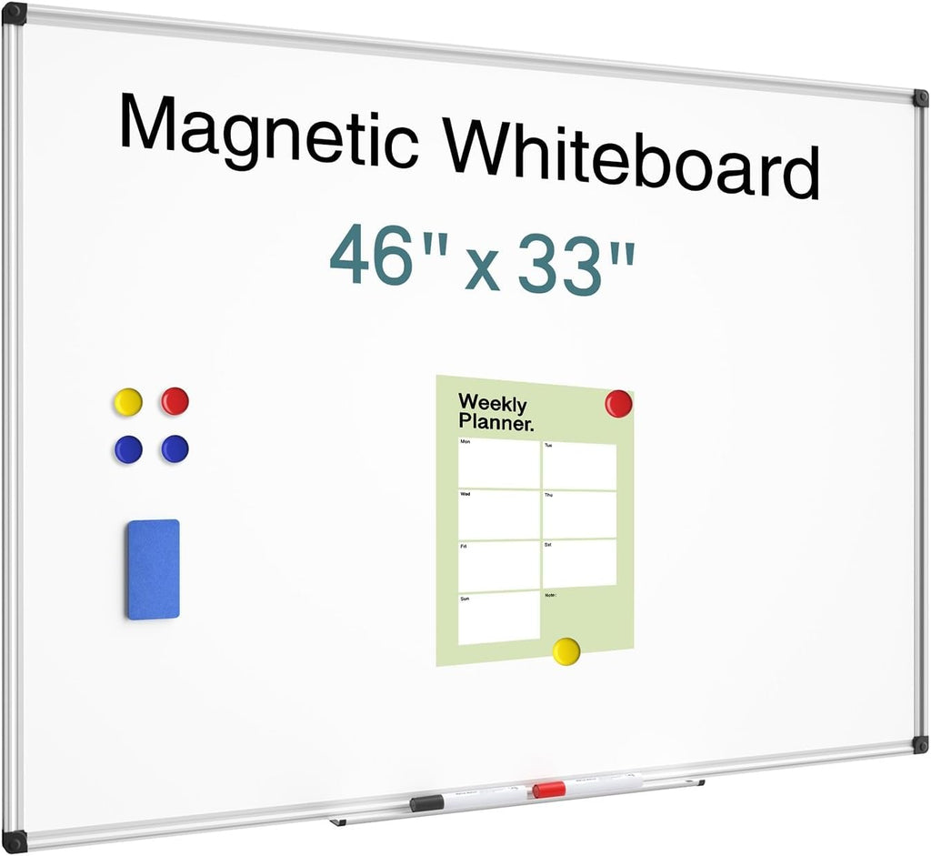 Magnetic Dry Erase Whiteboard, 46 x 33 Inch / 1 Magnetic Eraser, 2 Pens, Marker Tray, 6 Magnets