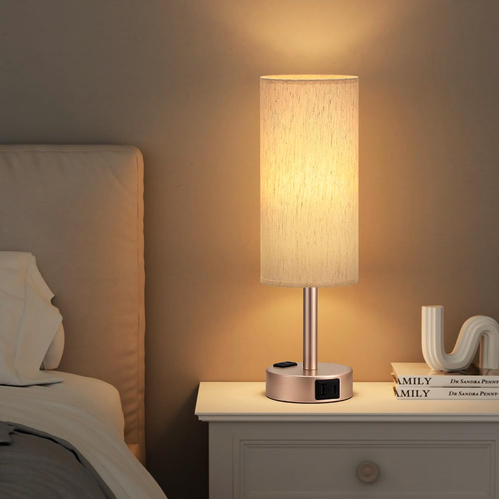 Bedside Table Lamp - Dimmable Touch, Wood-Grain Metal Base