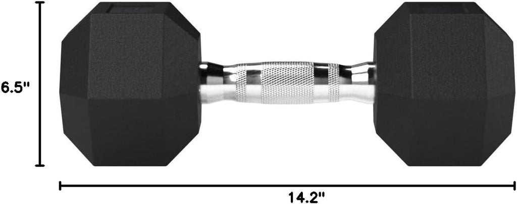 Hexagonal dumbbell with measurements on a white background
