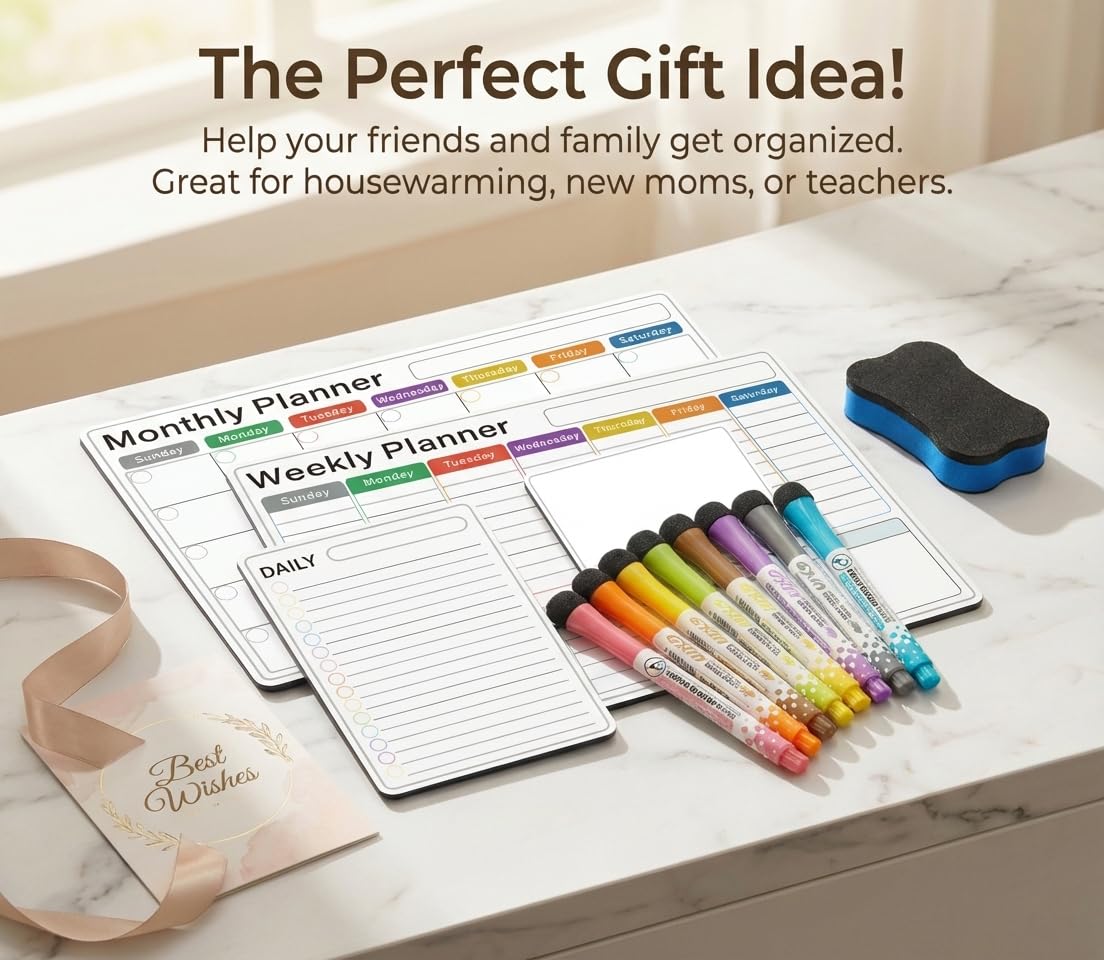 Magnetic Calendar for Refrigerator, 3-Pack |Nano-Tech Surface, 17"x12", 8 Markers & Eraser