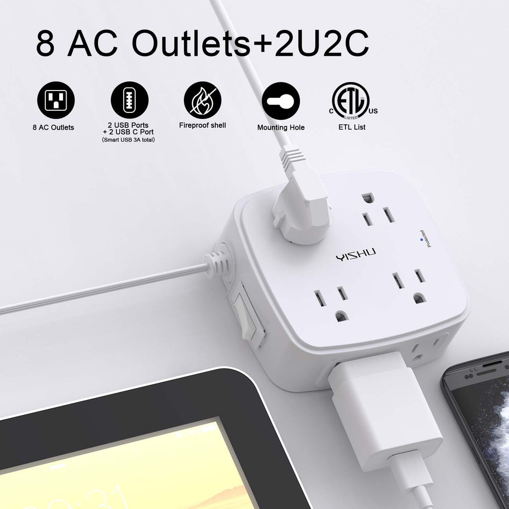 YISHU 6Ft Surge Protector Power Strip with 8 Widely Outlets & 4 USB Ports