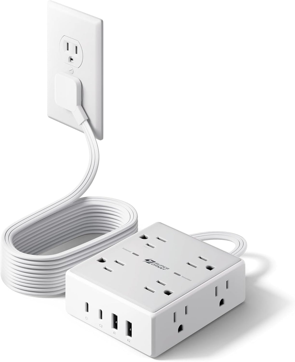 Extension Cord,Flat Plug Surge Protector Power Strip,10Ft | 8 AC & 4 USB Ports