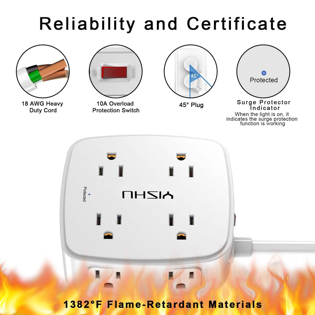 YISHU 6Ft Surge Protector Power Strip with 8 Widely Outlets & 4 USB Ports