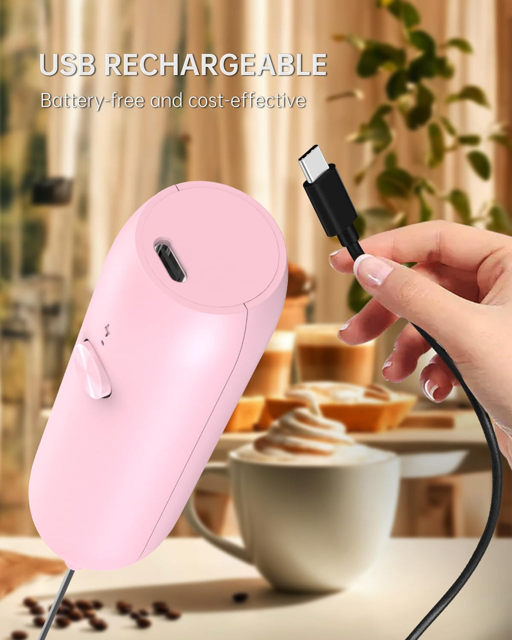 CIRCLE JOY Rechargeable Milk Frother Handheld, Dual Coil Whisk Head Electric Coffee Frother, Portable Hand Frother Wand Drink Mixer for Matcha Lattes Cappuccino, Kitchen Gifts, Black