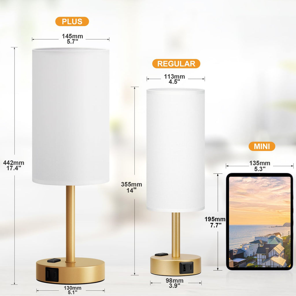 Bedside Table Lamp - Dimmable Touch, Wood-Grain Metal Base