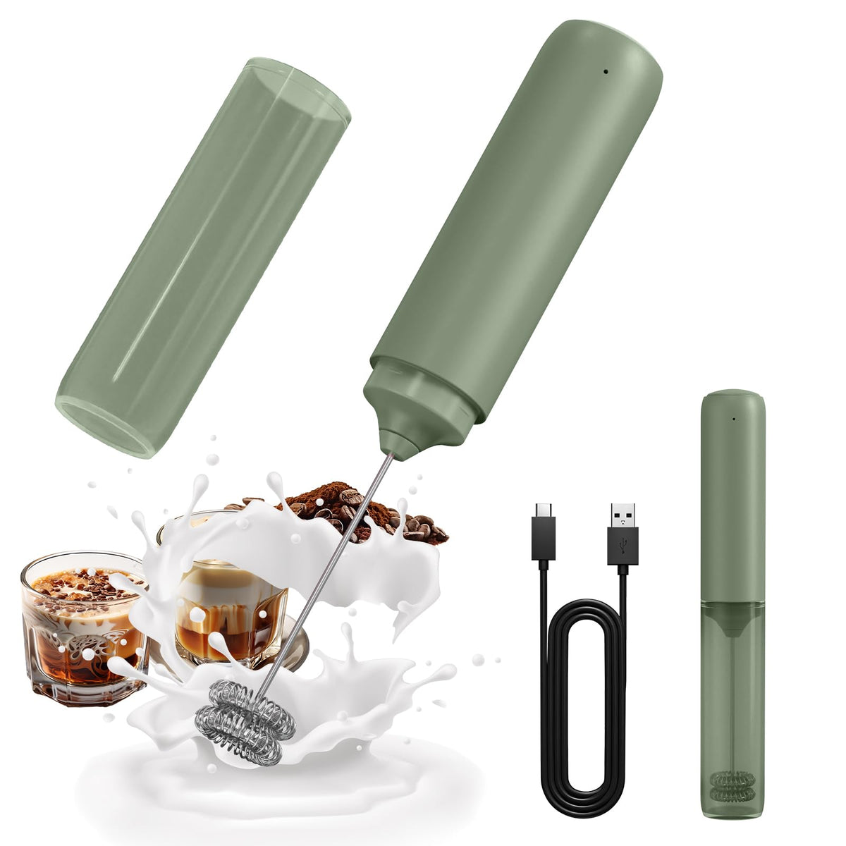 CIRCLE JOY Rechargeable Milk Frother Handheld, Dual Coil Whisk Head Electric Coffee Frother, Portable Hand Frother Wand Drink Mixer for Matcha Lattes Cappuccino, Kitchen Gifts, Black