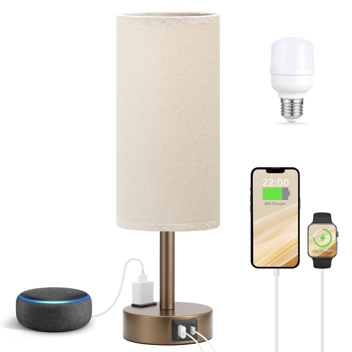 Bedside Table Lamp - Dimmable Touch, Wood-Grain Metal Base
