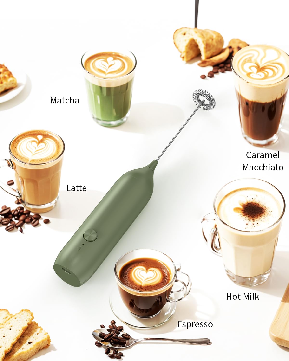 CIRCLE JOY Rechargeable Milk Frother Handheld, Dual Coil Whisk Head Electric Coffee Frother, Portable Hand Frother Wand Drink Mixer for Matcha Lattes Cappuccino, Kitchen Gifts, Black