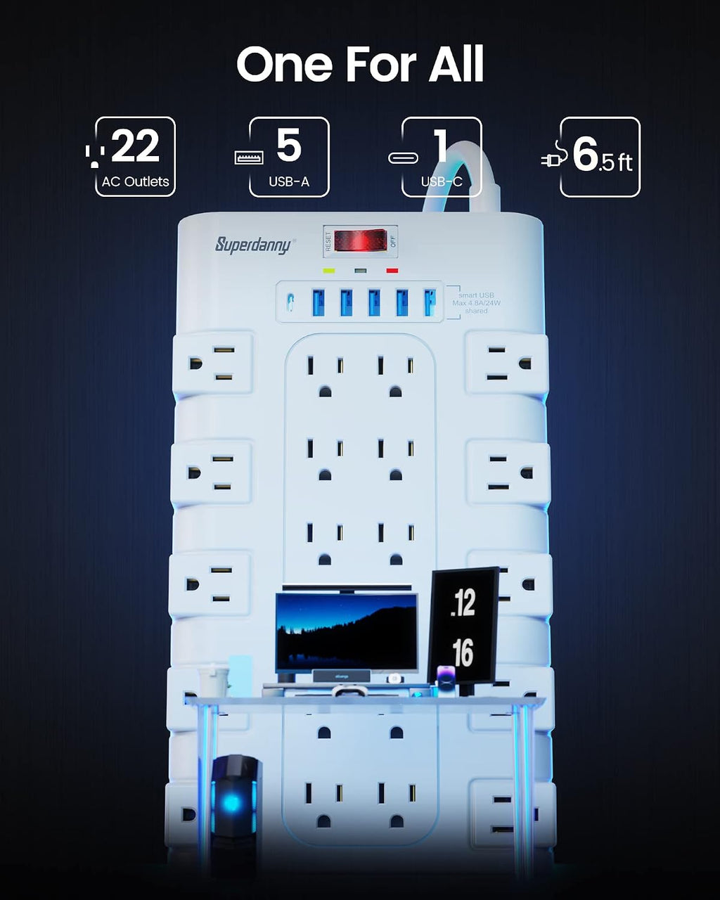 SUPERDANNY Power Strip Surge Protector, 22 AC 6 USB, 2100J, 6.5Ft,1875W/15A