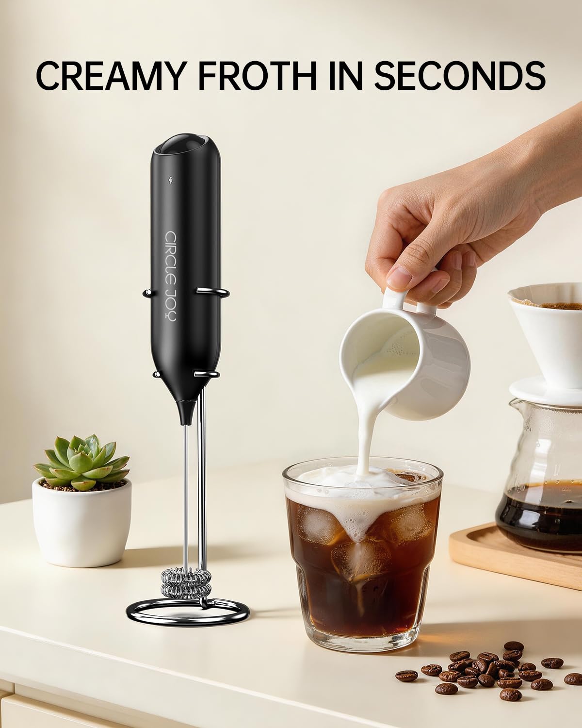 CIRCLE JOY Rechargeable Milk Frother Handheld, Dual Coil Whisk Head Electric Coffee Frother, Portable Hand Frother Wand Drink Mixer for Matcha Lattes Cappuccino, Kitchen Gifts, Black