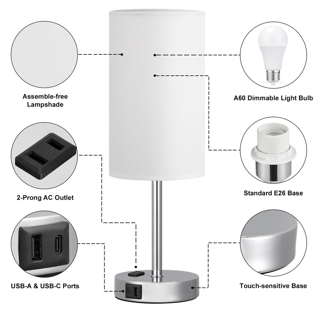 Bedside Table Lamp - Dimmable Touch, Wood-Grain Metal Base