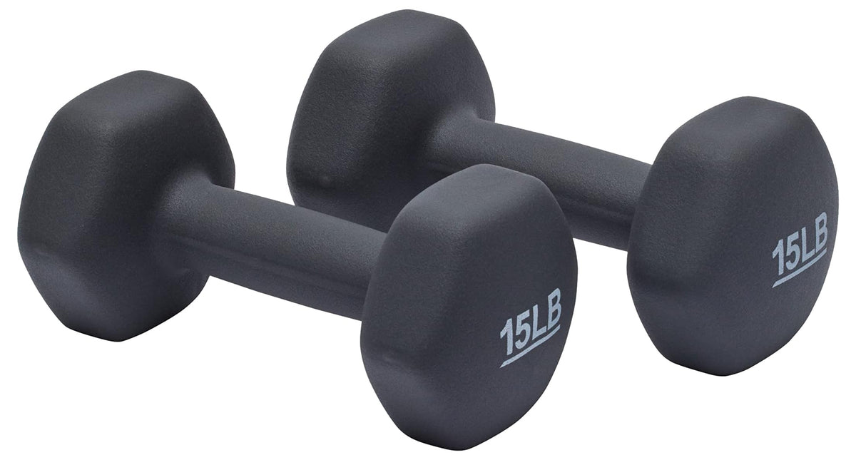 Pair of black dumbbells with '15LB' marking on a white background