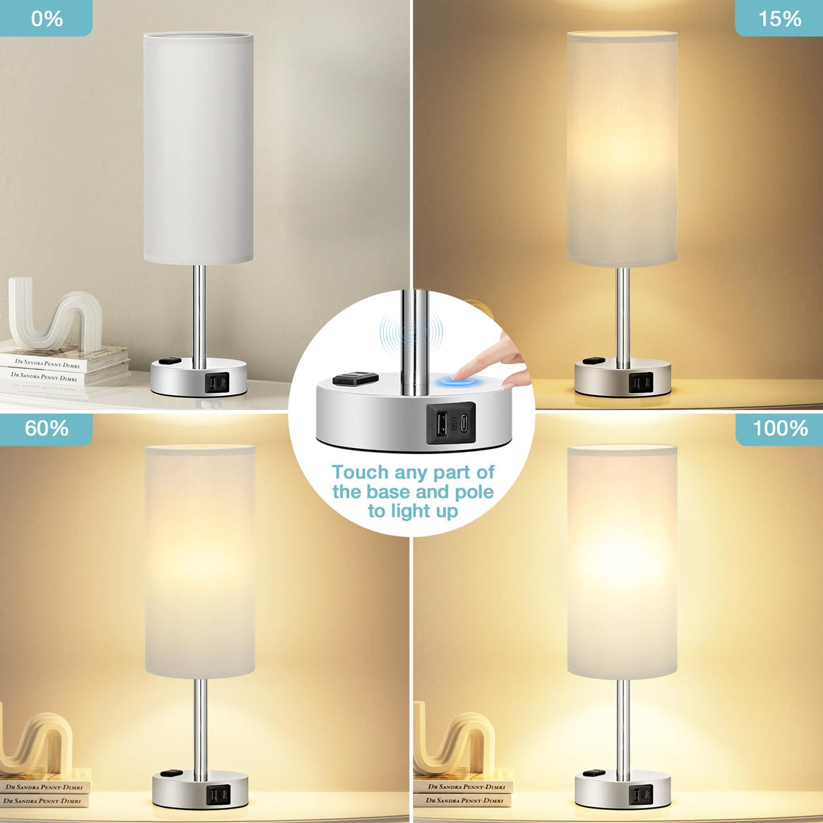 Bedside Table Lamp - Dimmable Touch, Wood-Grain Metal Base