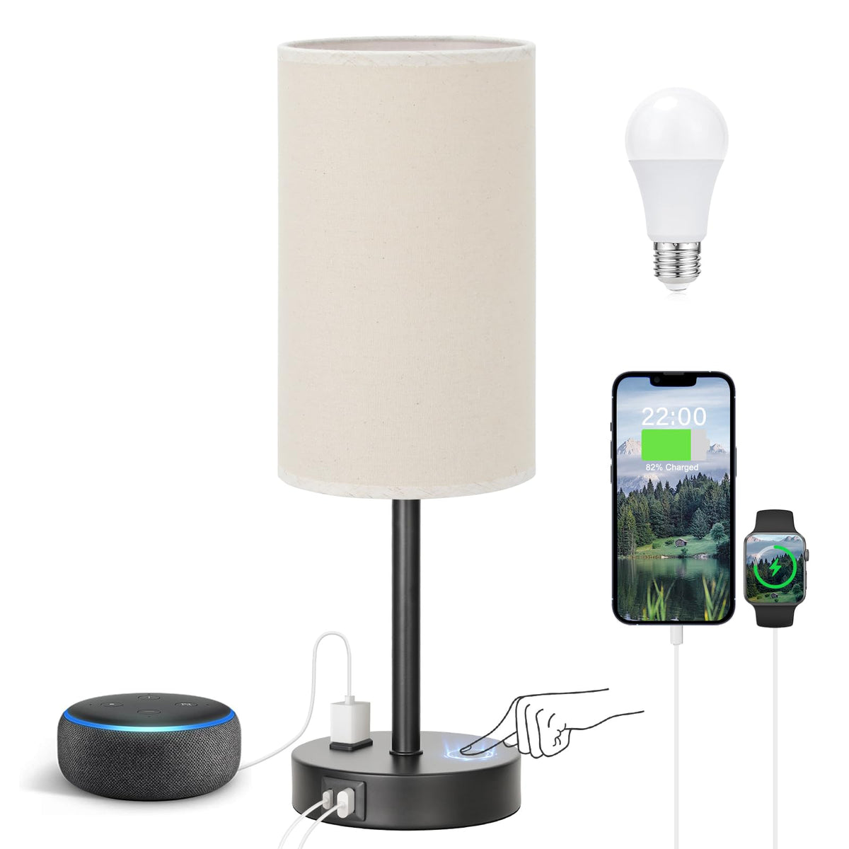 Bedside Table Lamp - Dimmable Touch, Wood-Grain Metal Base
