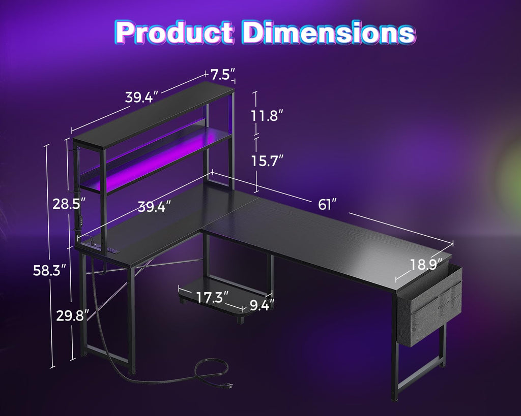 L Shaped Desk Gaming Desk with LED Light & Power Outlet | 53 Inch Home Office
