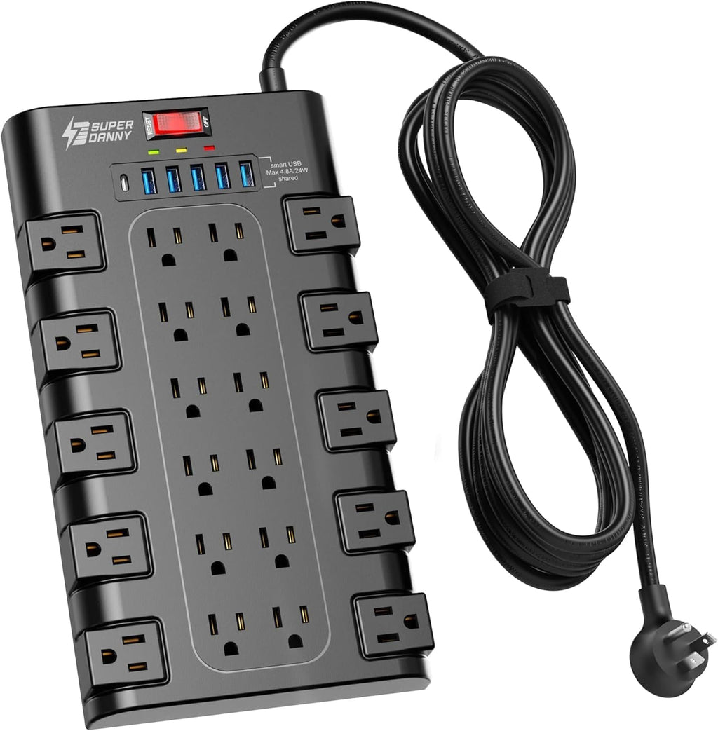 SUPERDANNY Power Strip Surge Protector, 22 AC 6 USB, 2100J, 6.5Ft,1875W/15A