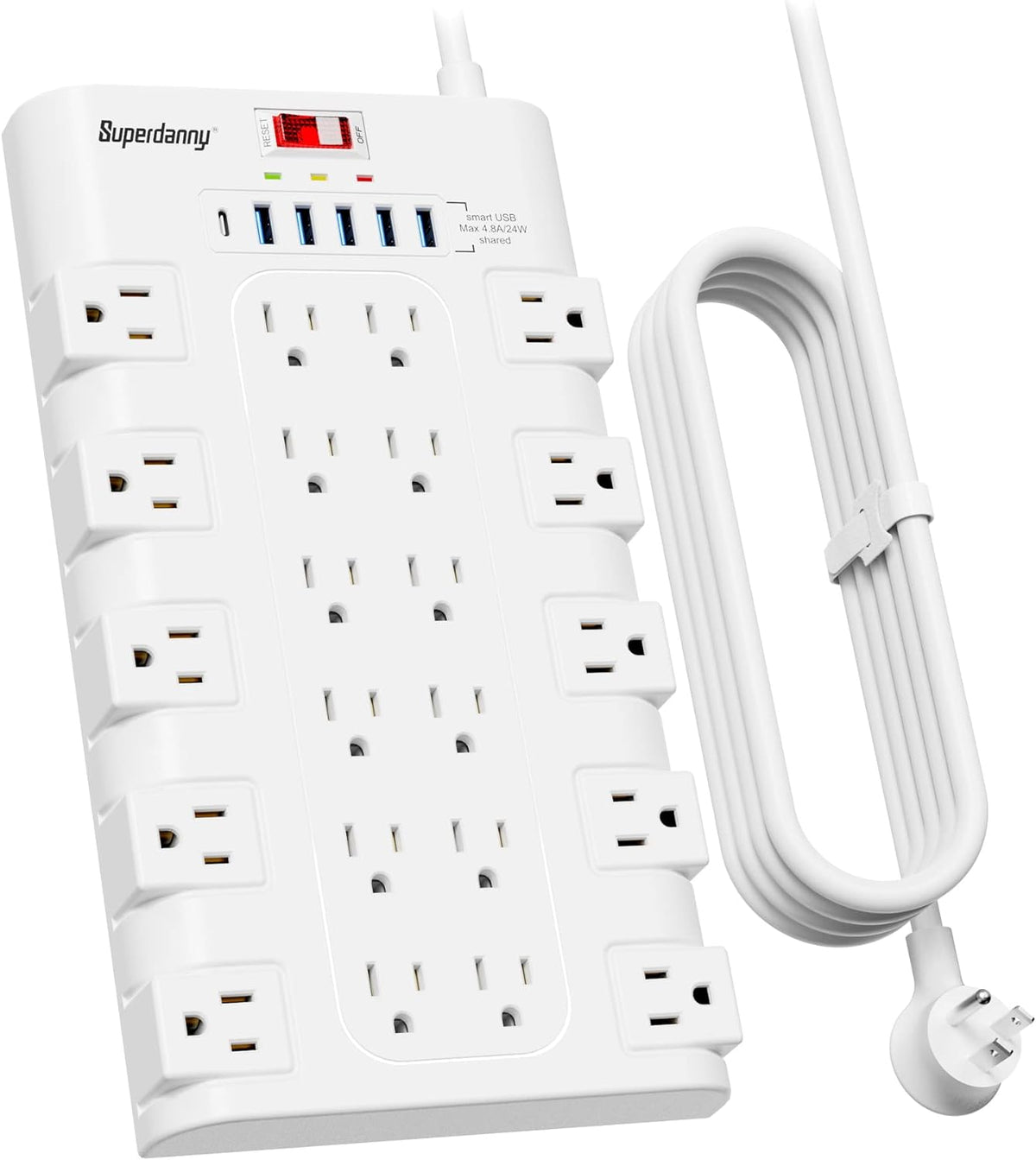 SUPERDANNY Power Strip Surge Protector, 22 AC 6 USB, 2100J, 6.5Ft,1875W/15A