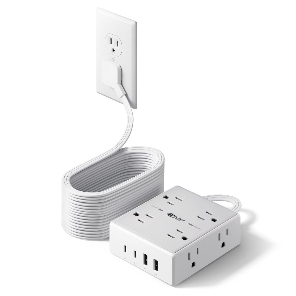Extension Cord,Flat Plug Surge Protector Power Strip,10Ft | 8 AC & 4 USB Ports