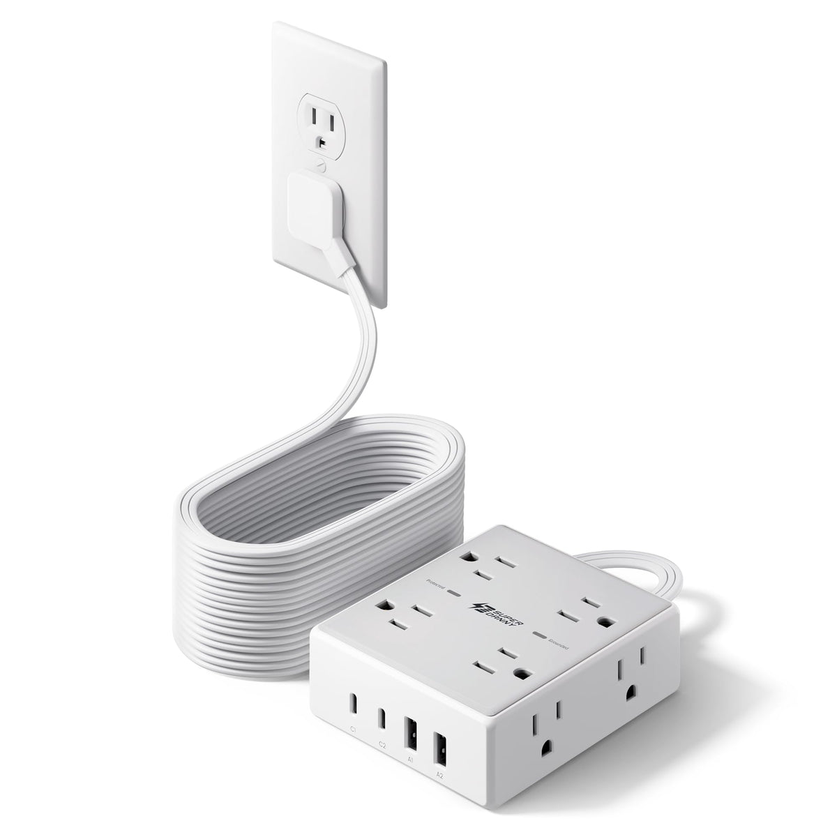 Extension Cord,Flat Plug Surge Protector Power Strip,10Ft | 8 AC & 4 USB Ports