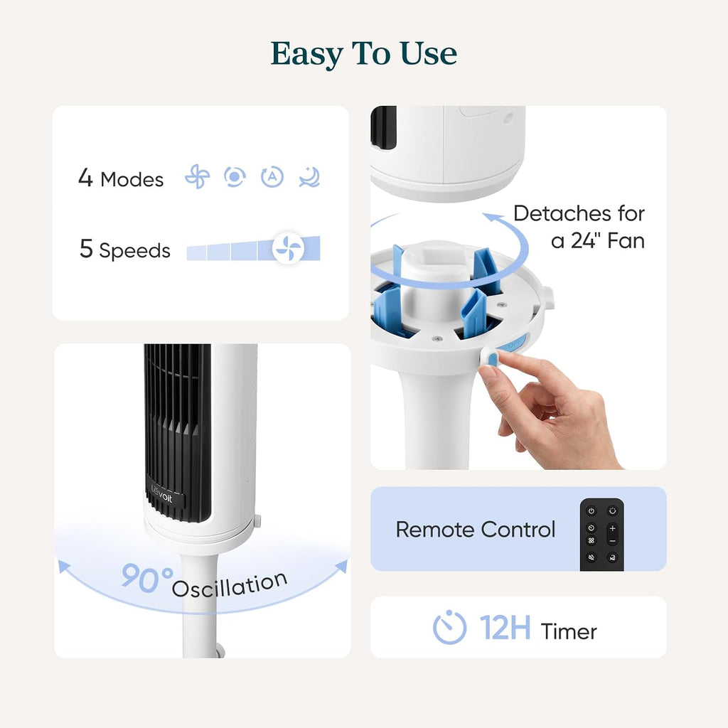 Levoit Tower Fan for Bedroom, Standing Fan with 36”-47” Adjustable Height