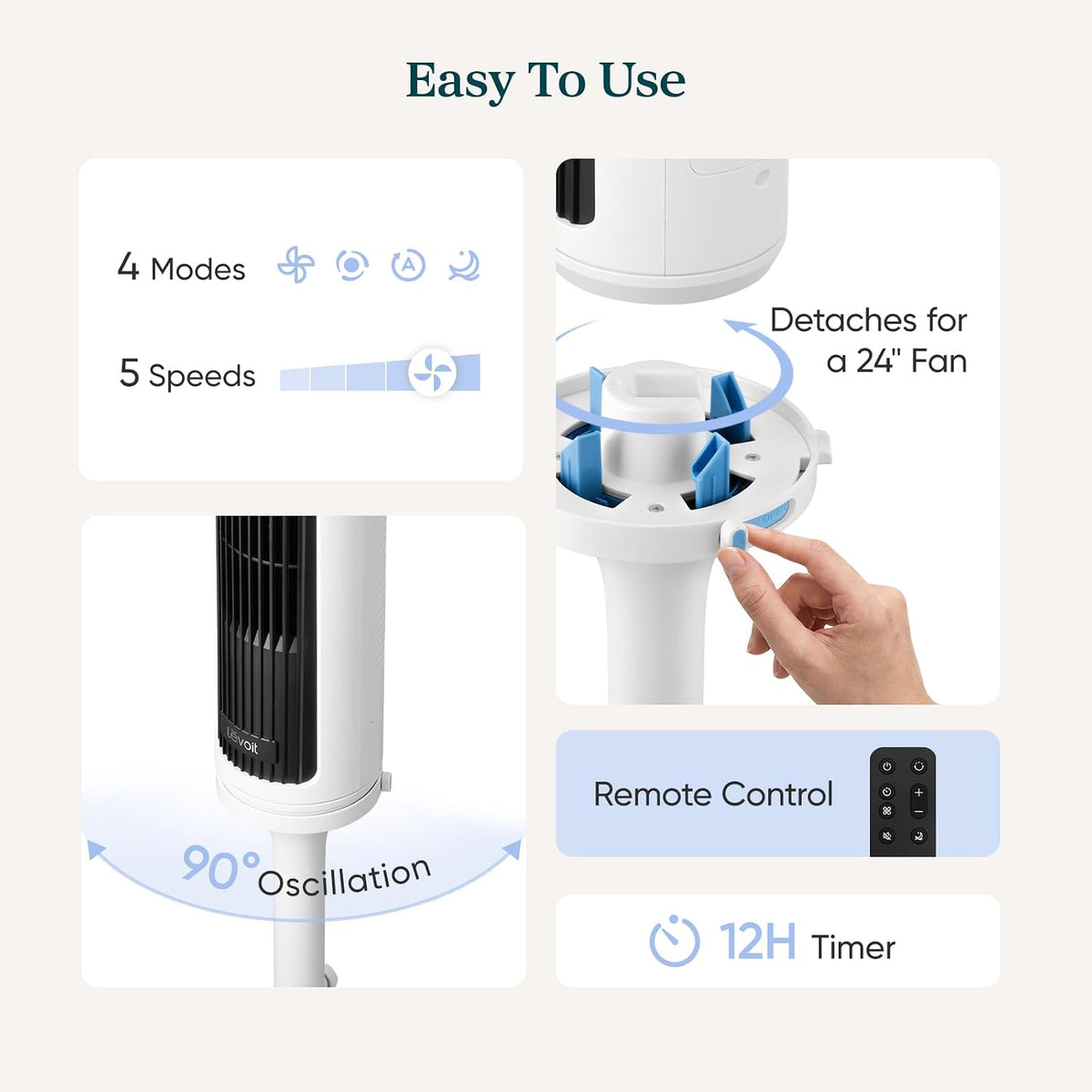 Levoit Tower Fan for Bedroom, Standing Fan with 36”-47” Adjustable Height