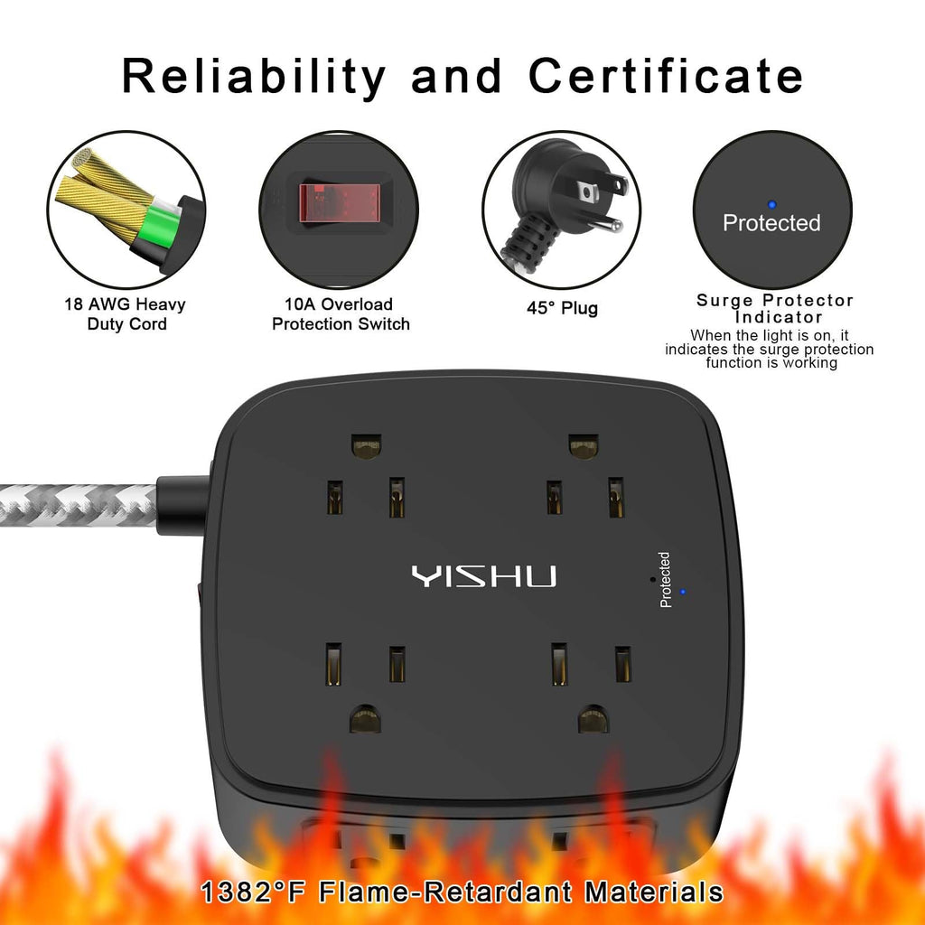 YISHU 6Ft Surge Protector Power Strip with 8 Widely Outlets & 4 USB Ports
