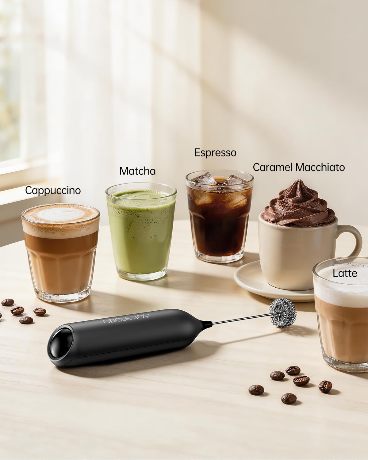 CIRCLE JOY Rechargeable Milk Frother Handheld, Dual Coil Whisk Head Electric Coffee Frother, Portable Hand Frother Wand Drink Mixer for Matcha Lattes Cappuccino, Kitchen Gifts, Black