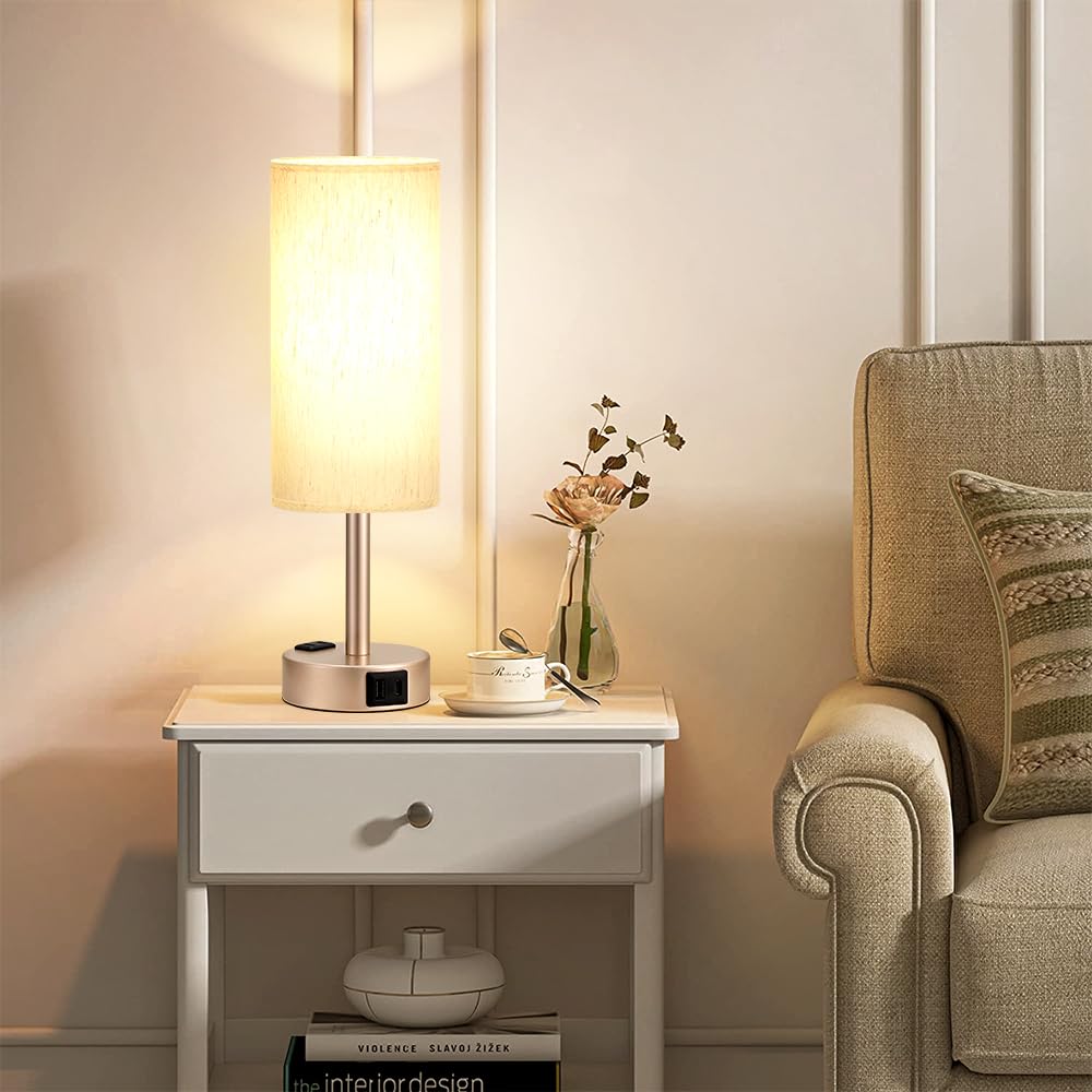 Bedside Table Lamp - Dimmable Touch, Wood-Grain Metal Base