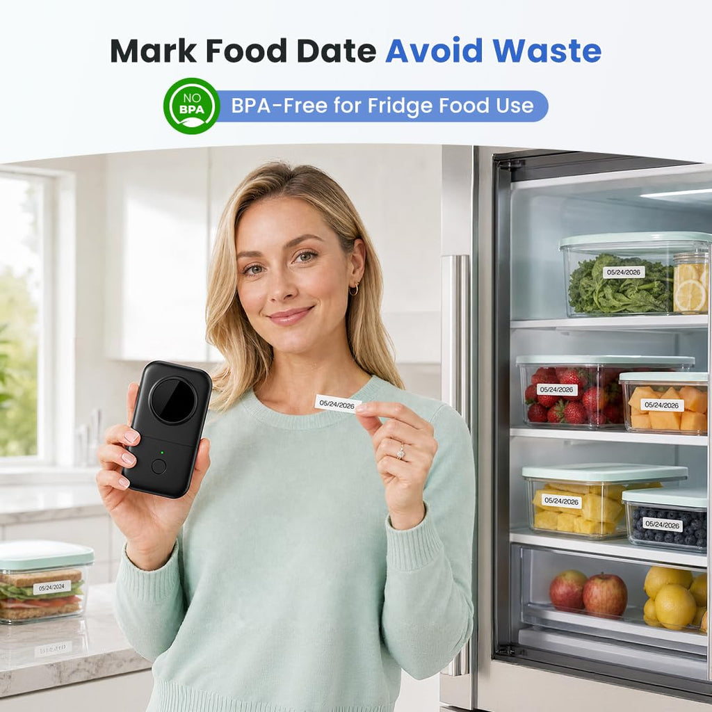 A woman in a mint green sweater stands in a bright kitchen holding a black food date tracker device and a small white date label. An open refrigerator with labeled food storage containers is visible beside her, with text at the top reading 'Mark Food Date Avoid Waste' and 'BPA-Free for Fridge Food Use.