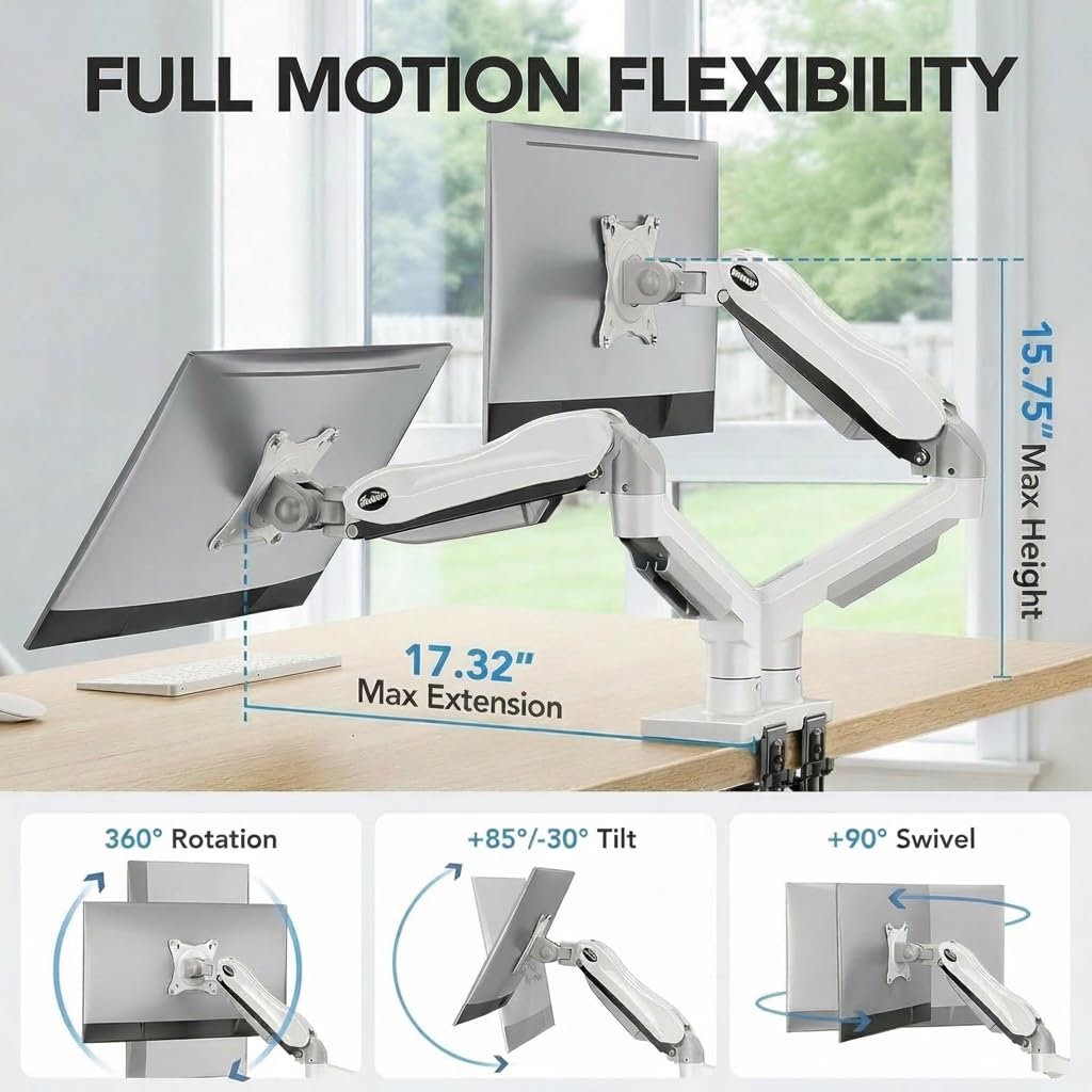 FlowLift™ Dual Monitor Stand, Fully Adjustable Gaming Desk Mount 13–32″ Screens,Each Arm Holds up to 19.8 lbs