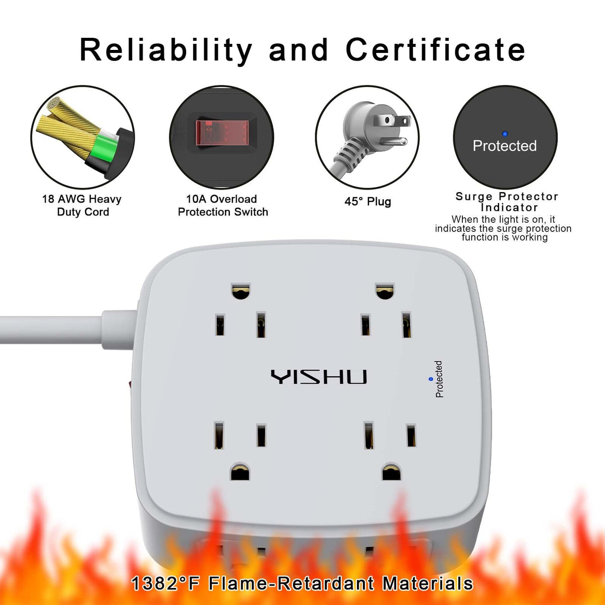 YISHU 6Ft Surge Protector Power Strip with 8 Widely Outlets & 4 USB Ports