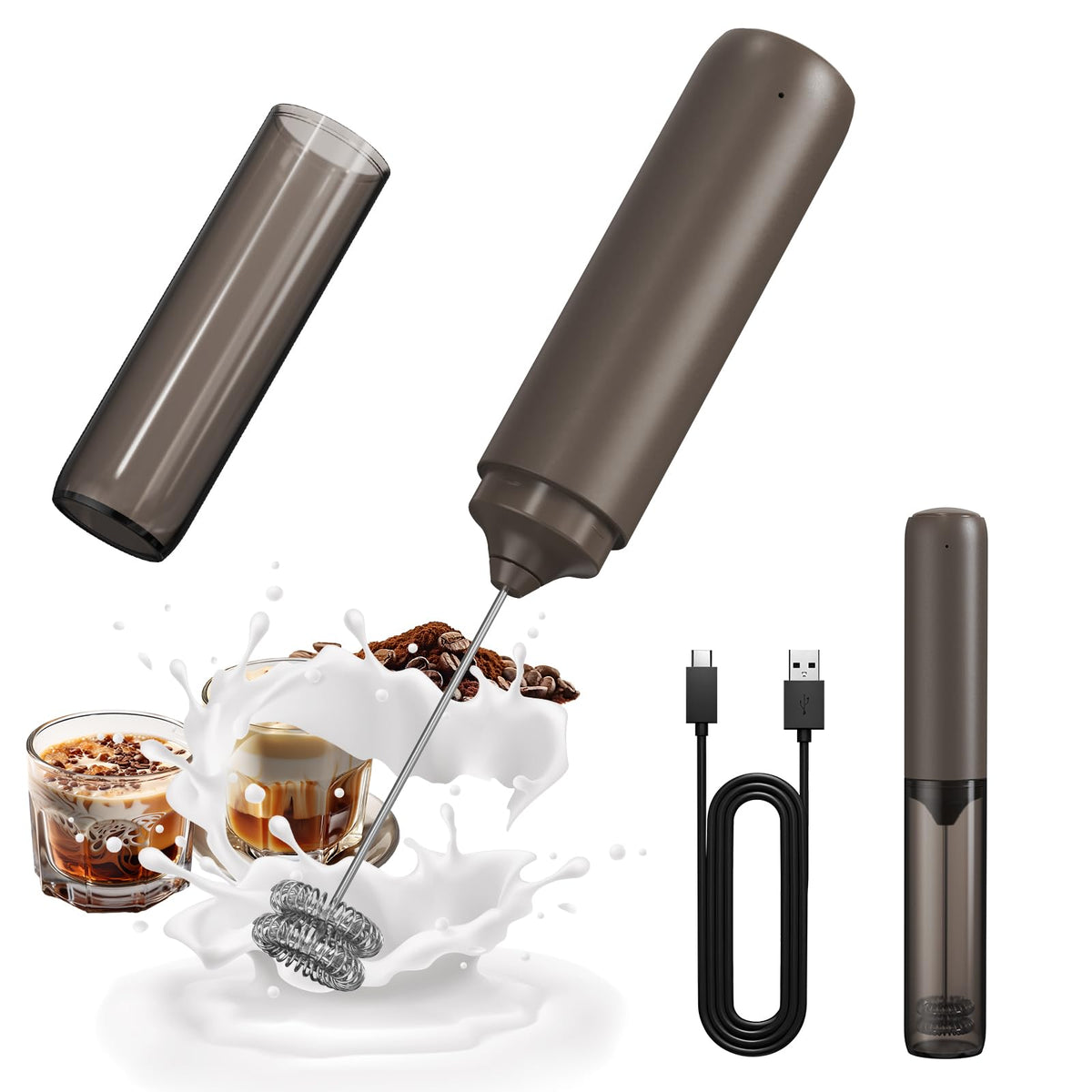 CIRCLE JOY Rechargeable Milk Frother Handheld, Dual Coil Whisk Head Electric Coffee Frother, Portable Hand Frother Wand Drink Mixer for Matcha Lattes Cappuccino, Kitchen Gifts, Black