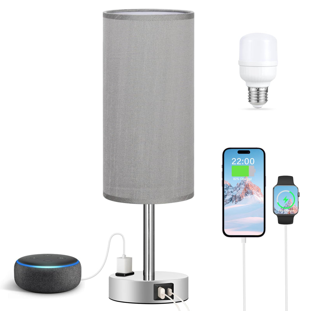 Bedside Table Lamp - Dimmable Touch, Wood-Grain Metal Base