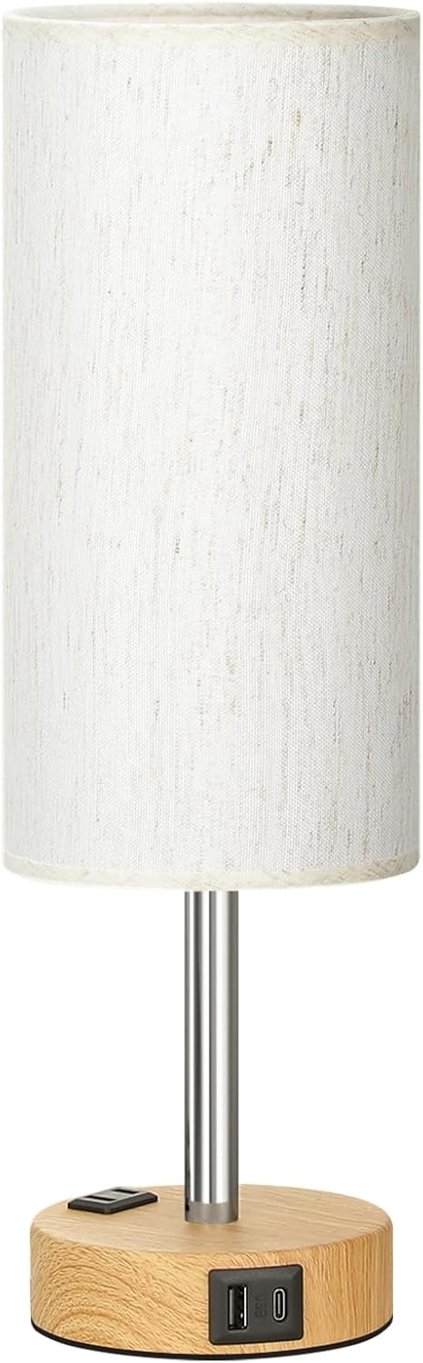 Bedside Table Lamp - Dimmable Touch, Wood-Grain Metal Base