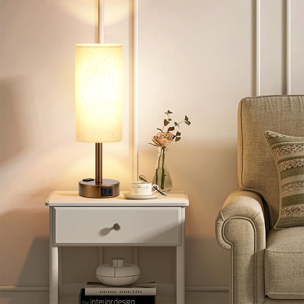 Bedside Table Lamp - Dimmable Touch, Wood-Grain Metal Base