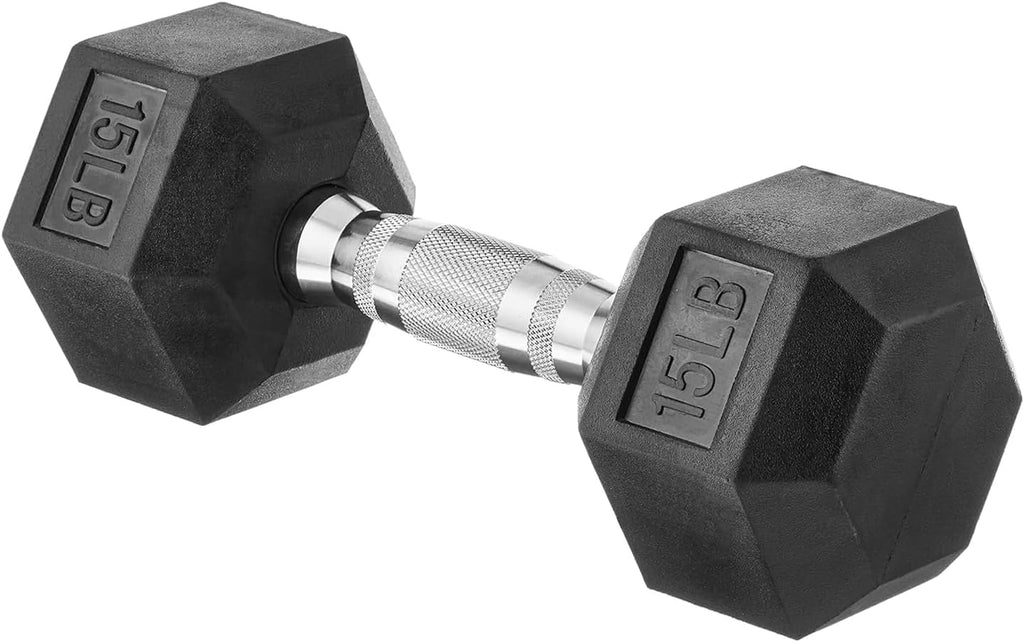 Pair of black hexagonal dumbbells with '15 LB' marking on a white background
