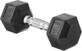 Pair of black hexagonal dumbbells with '15 LB' marking on a white background