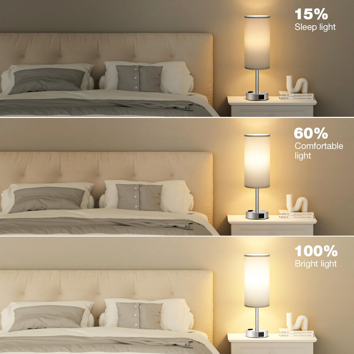 Bedside Table Lamp - Dimmable Touch, Wood-Grain Metal Base