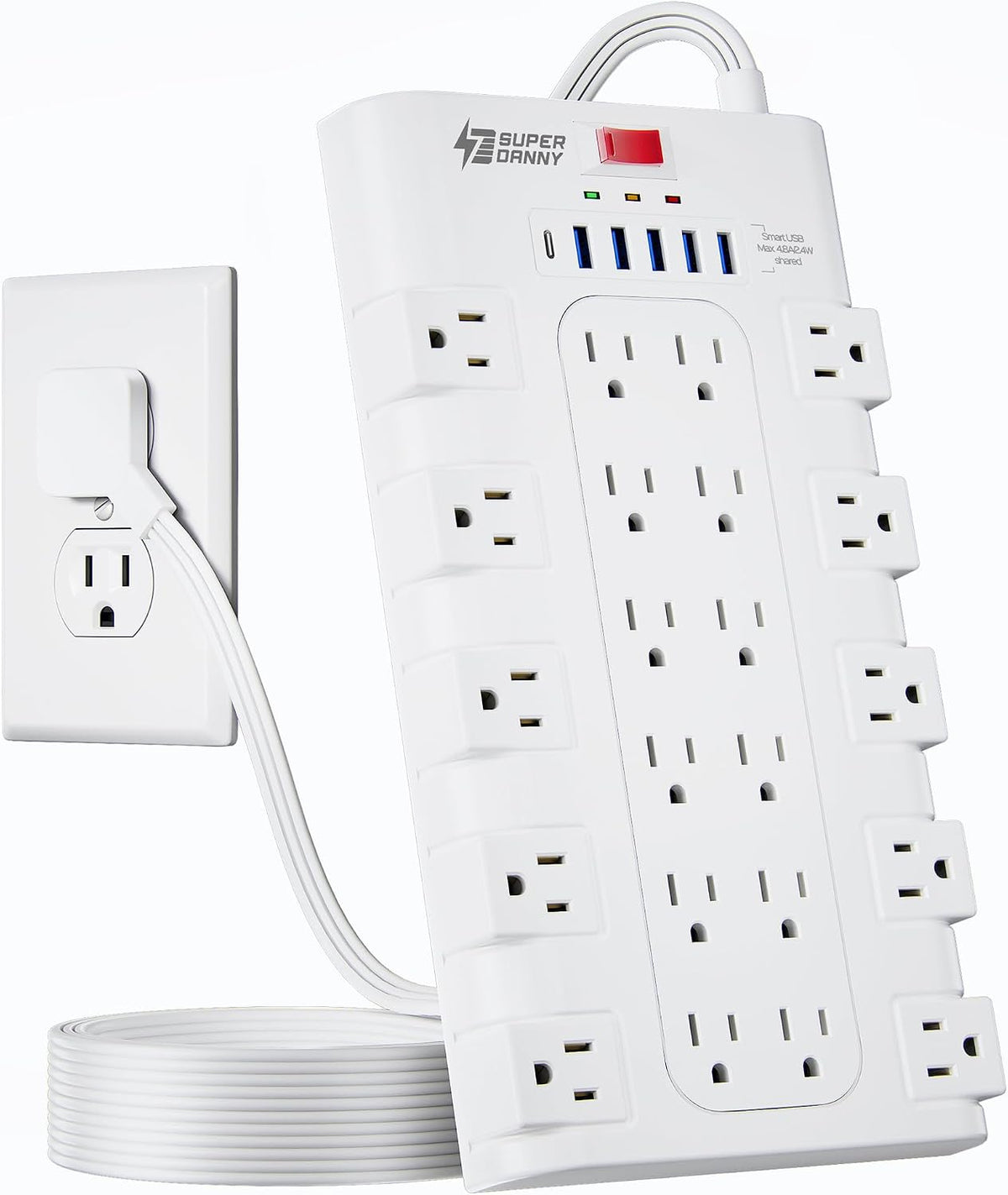 SUPERDANNY Power Strip Surge Protector, 22 AC 6 USB, 2100J, 6.5Ft,1875W/15A