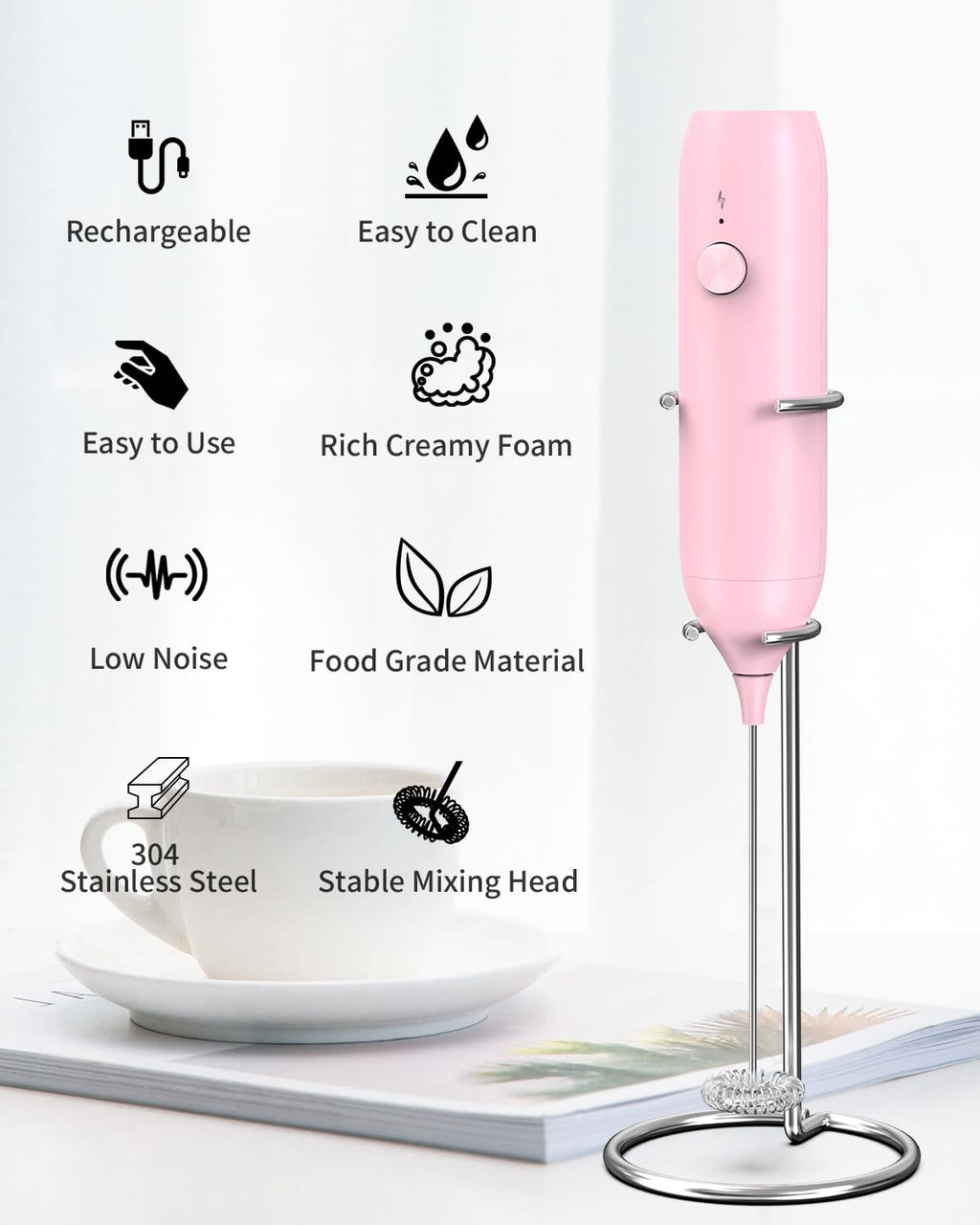CIRCLE JOY Rechargeable Milk Frother Handheld, Dual Coil Whisk Head Electric Coffee Frother, Portable Hand Frother Wand Drink Mixer for Matcha Lattes Cappuccino, Kitchen Gifts, Black