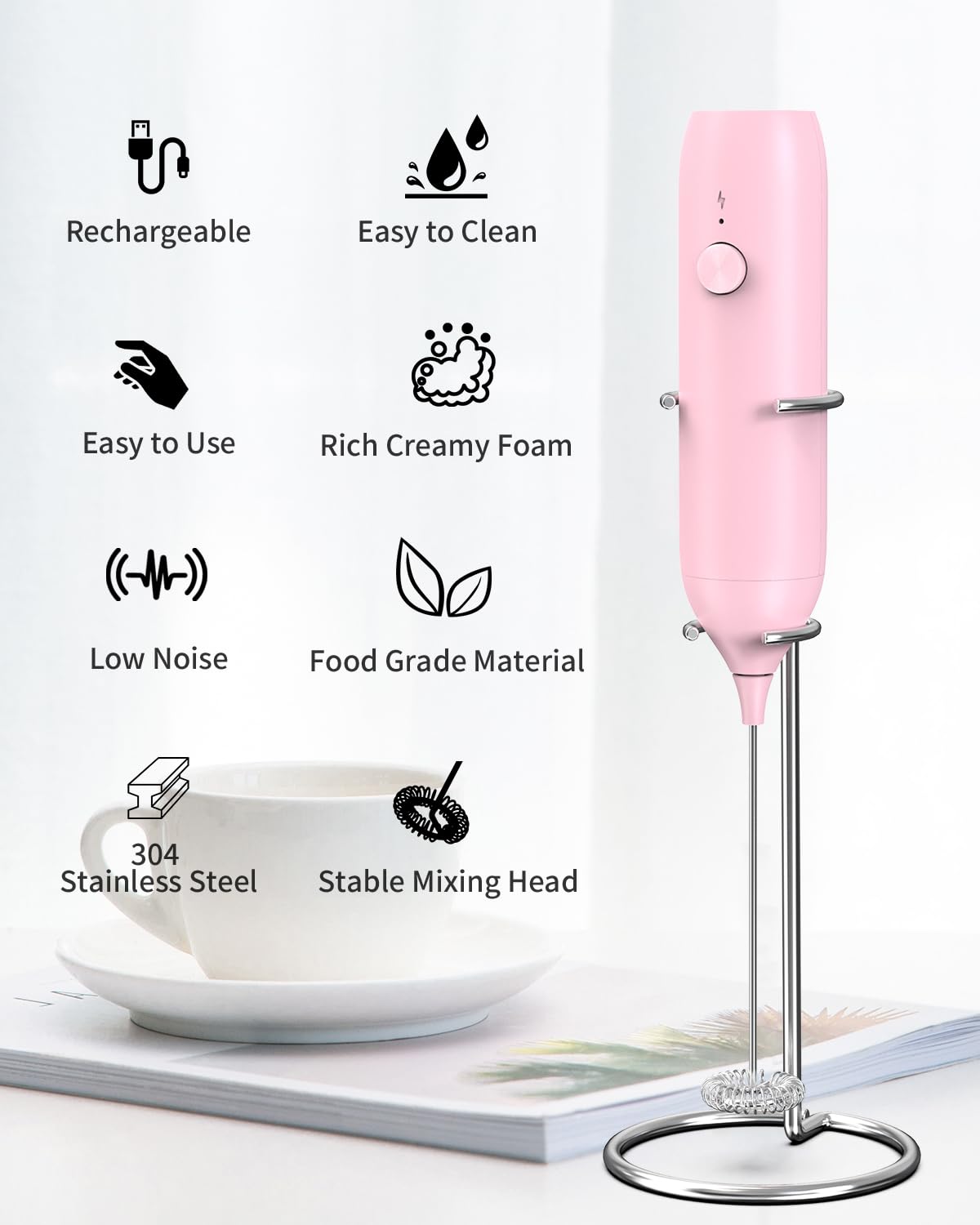 CIRCLE JOY Rechargeable Milk Frother Handheld, Dual Coil Whisk Head Electric Coffee Frother, Portable Hand Frother Wand Drink Mixer for Matcha Lattes Cappuccino, Kitchen Gifts, Black