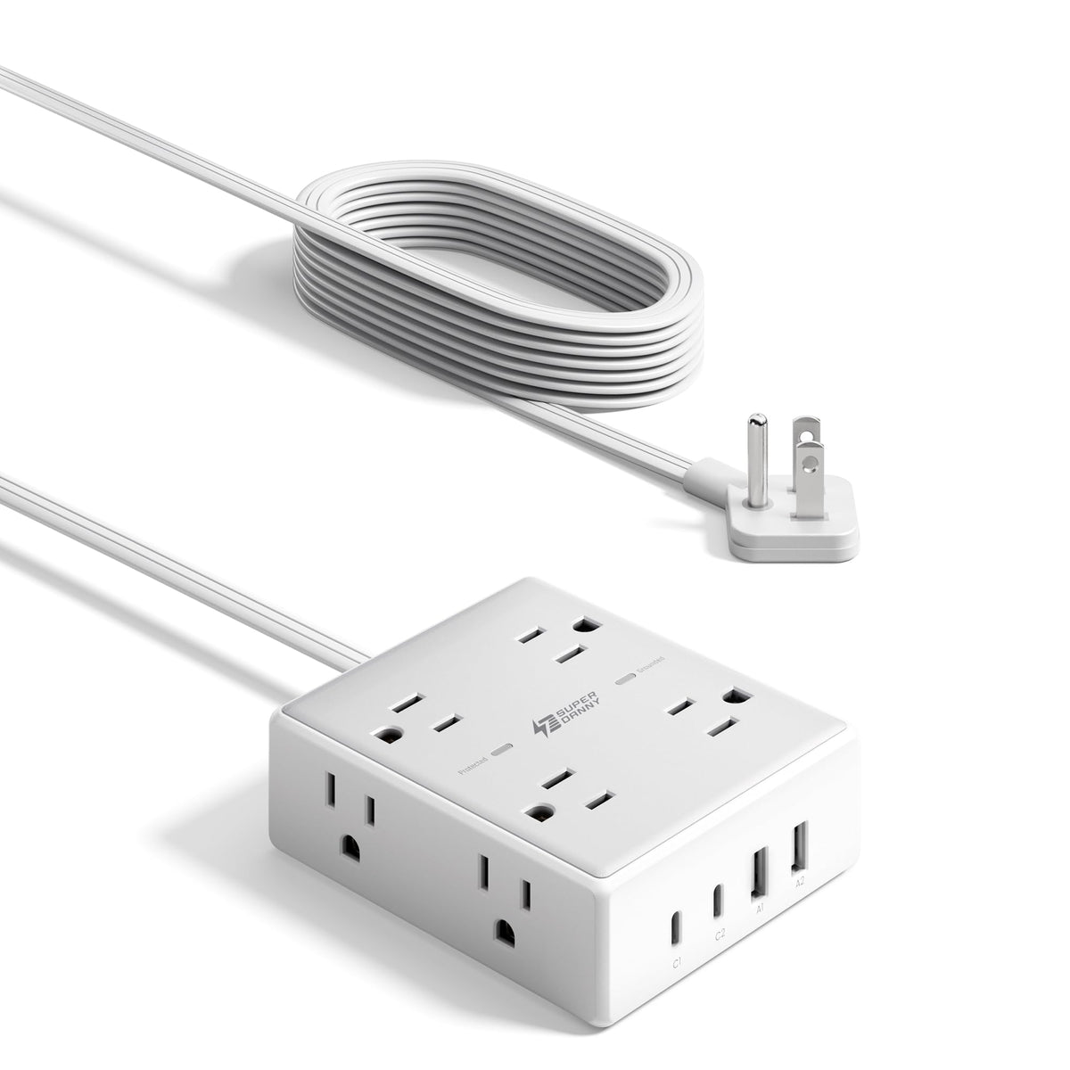 Extension Cord,Flat Plug Surge Protector Power Strip,10Ft | 8 AC & 4 USB Ports