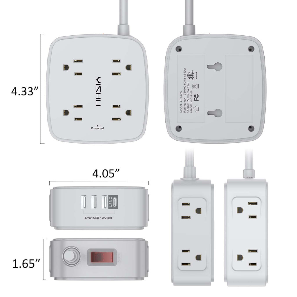 YISHU 6Ft Surge Protector Power Strip with 8 Widely Outlets & 4 USB Ports