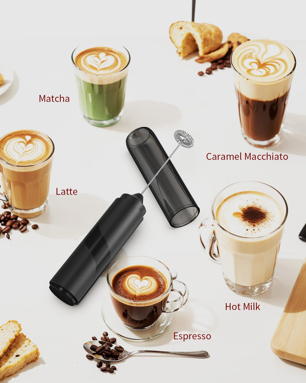 CIRCLE JOY Rechargeable Milk Frother Handheld, Dual Coil Whisk Head Electric Coffee Frother, Portable Hand Frother Wand Drink Mixer for Matcha Lattes Cappuccino, Kitchen Gifts, Black
