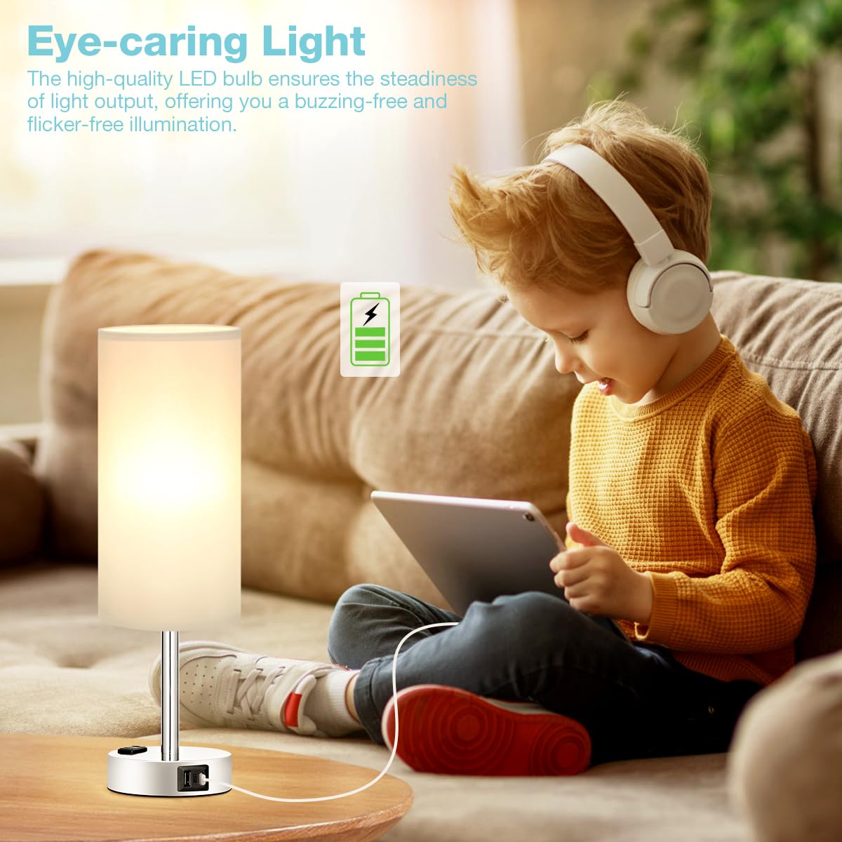 Bedside Table Lamp - Dimmable Touch, Wood-Grain Metal Base