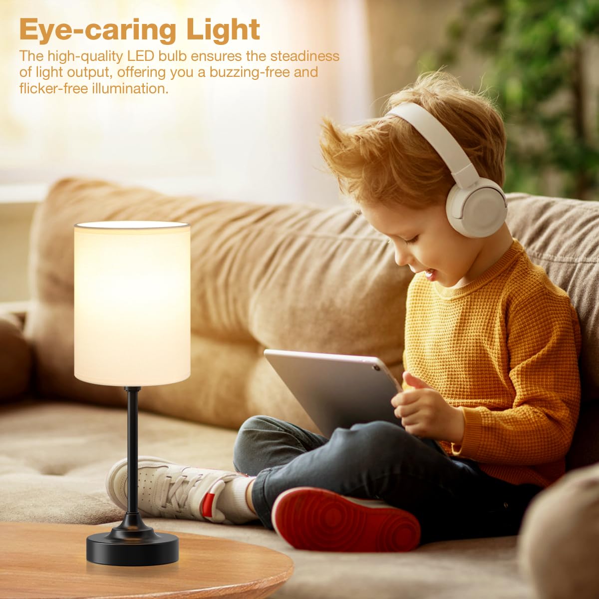 Bedside Table Lamp - Dimmable Touch, Wood-Grain Metal Base