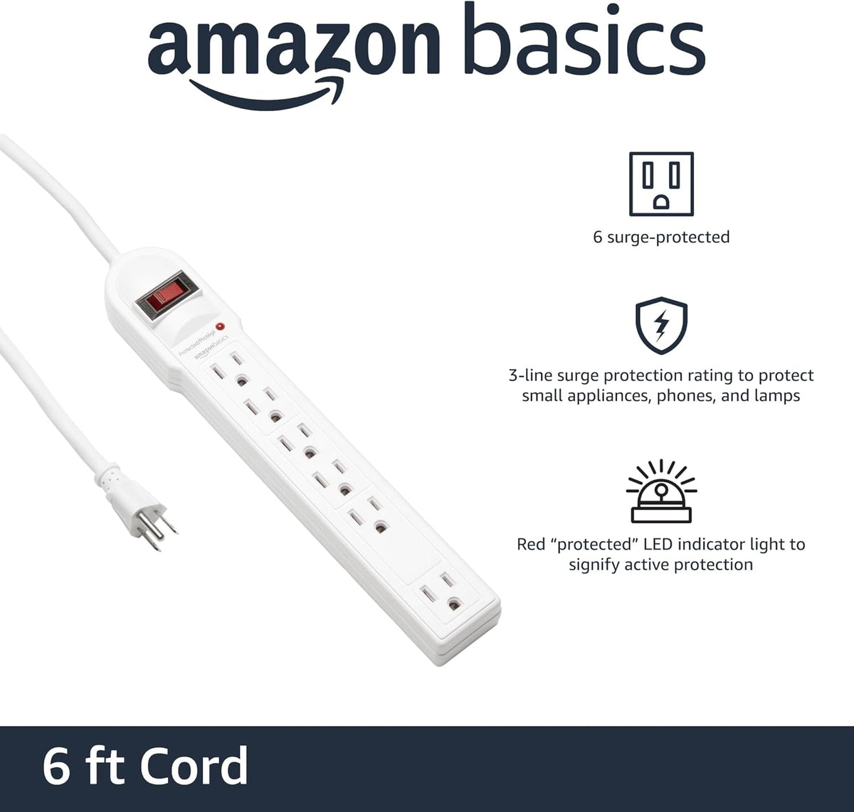 Amazon Basics Surge Protector Power Strip, 6-Outlet, 790 Joules, Circuit Breaker, LED Indicator Light, 6ft Extension Cord, Black